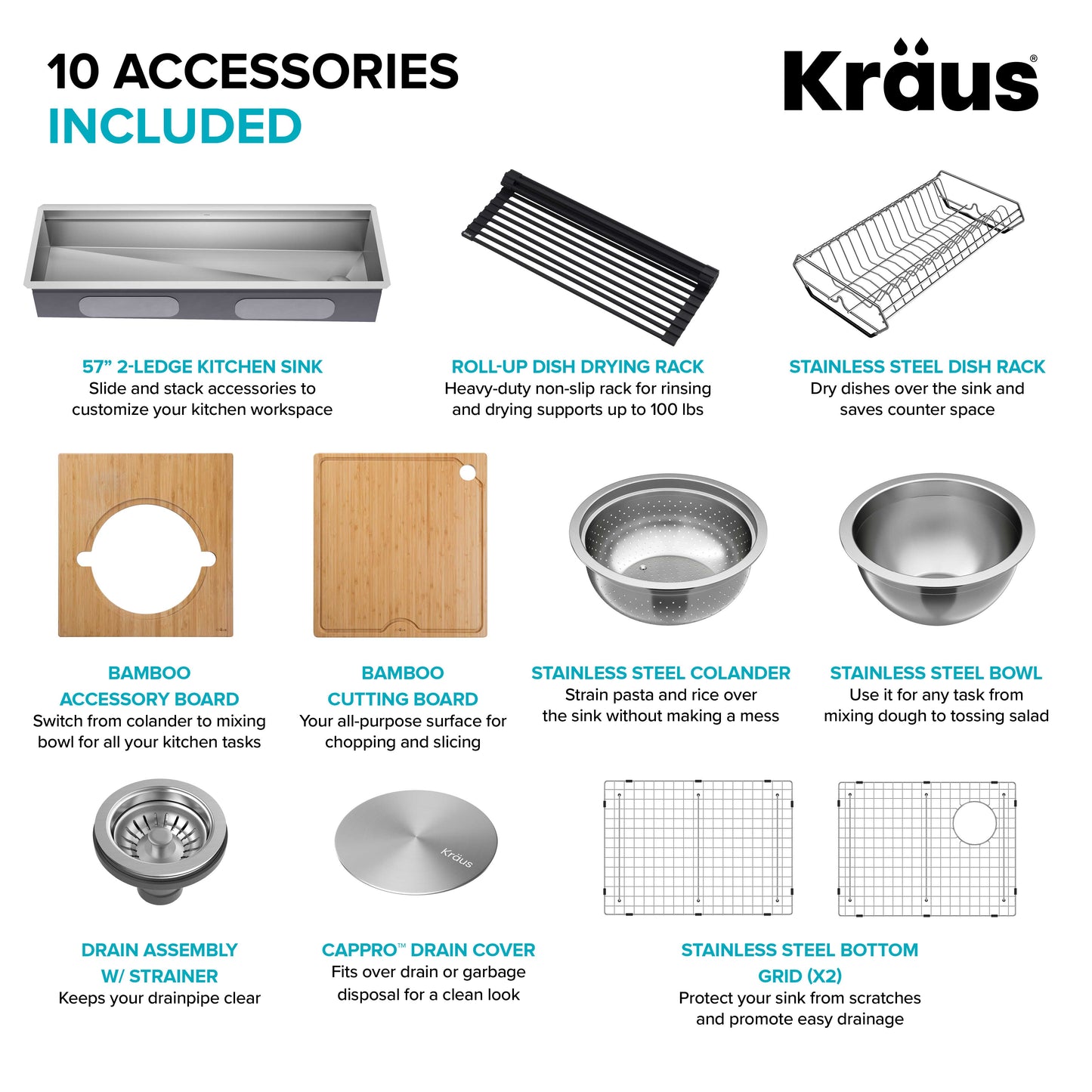 KRAUS Kore Dual Tier 57" Undermount Workstation 16 Gauge Single Bowl Kitchen Sink - KWU210-57