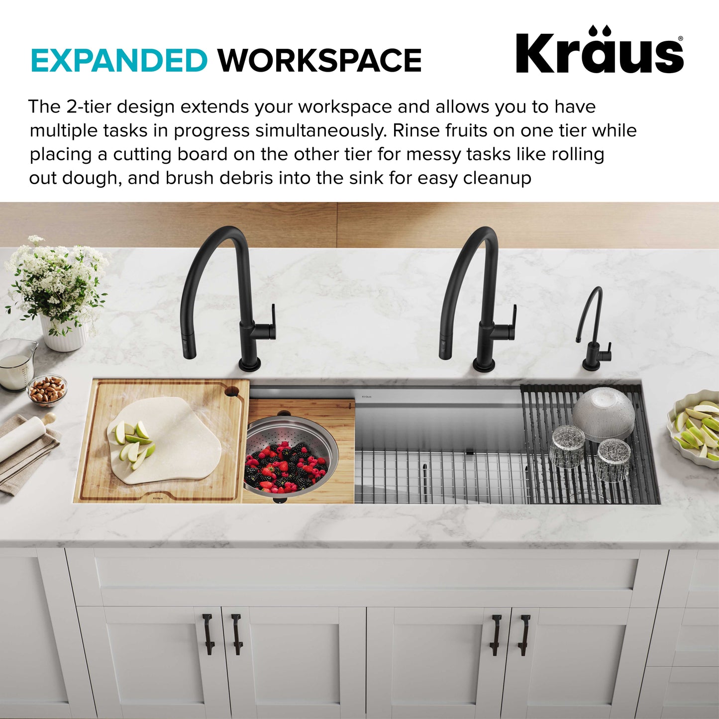KRAUS Kore Dual Tier 57" Undermount Workstation 16 Gauge Single Bowl Kitchen Sink - KWU210-57