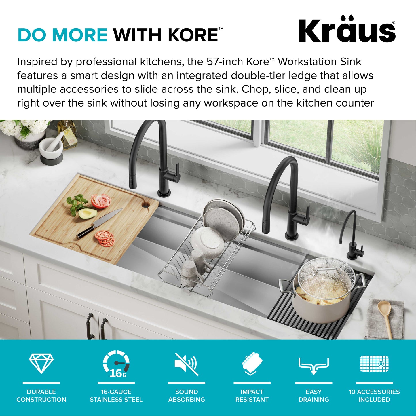 KRAUS Kore Dual Tier 57" Undermount Workstation 16 Gauge Single Bowl Kitchen Sink - KWU210-57