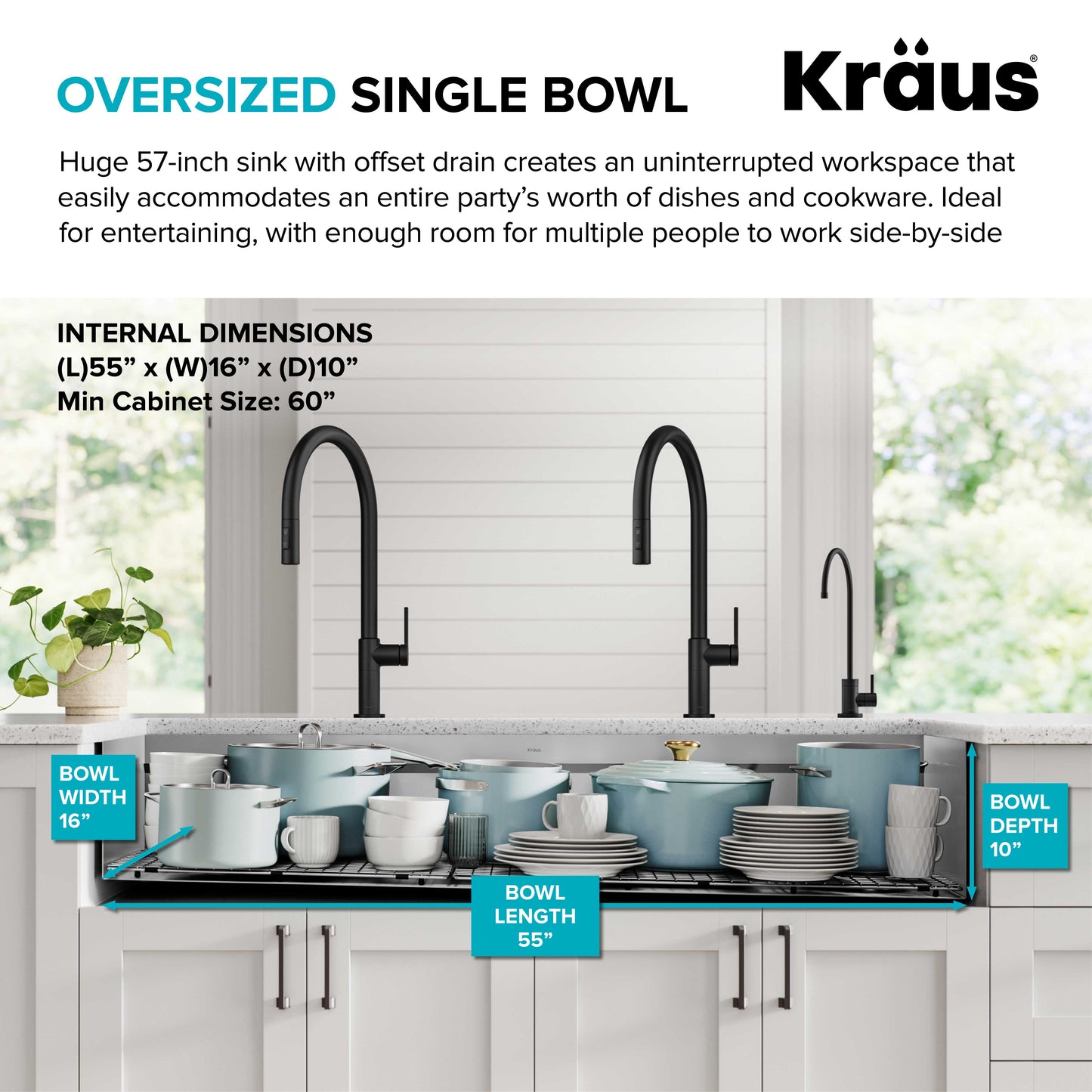 KRAUS Kore Dual Tier 57" Undermount Workstation 16 Gauge Single Bowl Kitchen Sink - KWU210-57