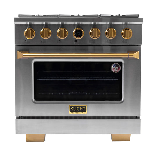 Kucht 36" 5.2 cu. ft. 6 Burner Natural Gas Dual Fuel Range in Stainless Steel with Gold Accent - KXP36-GLs and Digital Thermostat
