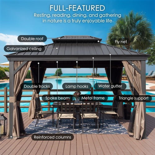 Kozyard Alexander 10' X 12' Hardtop Gazebo, Aluminum Metal Gazebo with Galvanized Steel Double Roof Canopy, Curtain and Netting, Permanent Gazebo Pavilion for Patio, Backyard, Deck, Lawn Gray - KZAHG1012GRA