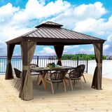 Kozyard Alexander 12' X 12' Hardtop Gazebo, Aluminum Metal Gazebo with Galvanized Steel Double Roof Canopy, Curtain and Netting, Permanent Gazebo Pavilion for Patio, Backyard, Deck, Lawn (Brown) - KZAHG1212