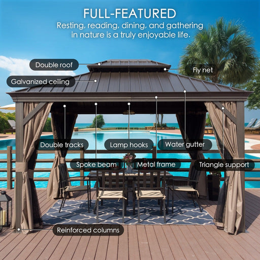 Kozyard Alexander 12' X 12' Hardtop Gazebo, Aluminum Metal Gazebo with Galvanized Steel Double Roof Canopy, Curtain and Netting, Permanent Gazebo Pavilion for Patio, Backyard, Deck, Lawn Brown - KZAHG1212