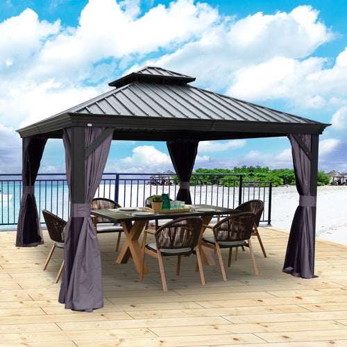 Kozyard Alexander 12' X 12' Hardtop Gazebo, Aluminum Metal Gazebo with Galvanized Steel Double Roof Canopy, Curtain and Netting, Permanent Gazebo Pavilion for Patio, Backyard, Deck, Lawn Gray - KZAHG1212GRA