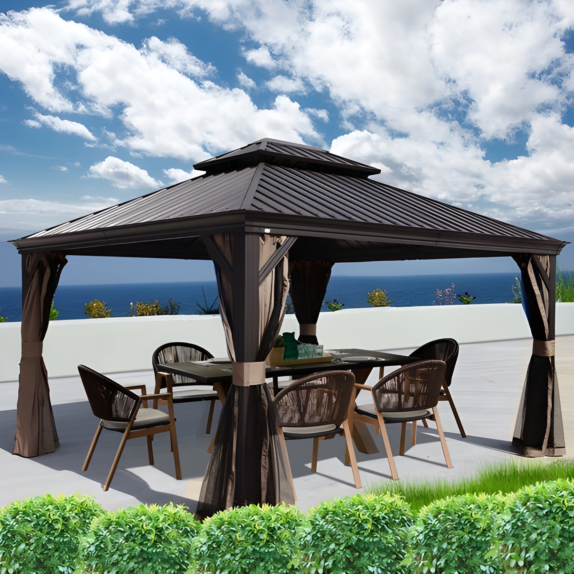 Kozyard Alexander 12' X 16' Hardtop Gazebo, Aluminum Metal Gazebo with Galvanized Steel Double Roof Canopy, Curtain and Netting, Permanent Gazebo Pavilion for Patio, Backyard, Deck, Lawn (Brown) - KZAHG1216