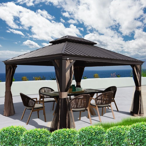 Kozyard Alexander 12' X 14' Hardtop Gazebo, Aluminum Metal Gazebo with Galvanized Steel Double Roof Canopy, Curtain and Netting, Permanent Gazebo Pavilion for Patio, Backyard, Deck, Lawn Brown - KZAHG1214BRW