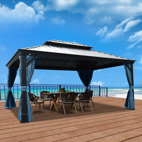 Kozyard Alexander 12' X 16' Hardtop Gazebo, Aluminum Metal Gazebo with Galvanized Steel Double Roof Canopy, Curtain and Netting, Permanent Gazebo Pavilion for Patio, Backyard, Deck, Lawn Gray - KZAHG1216GRA