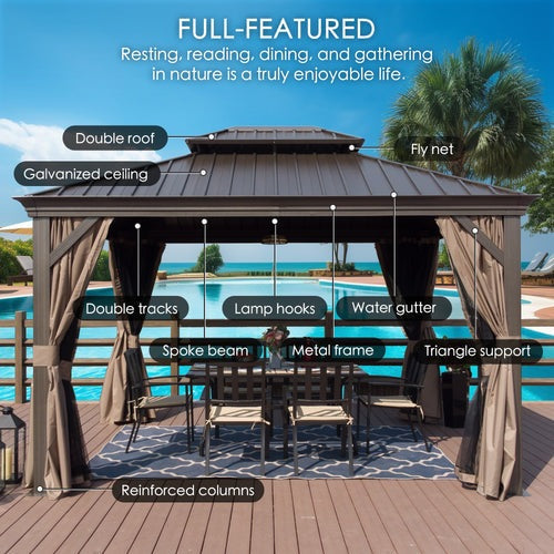 Kozyard Alexander 12' X 18' Hardtop Gazebo, Aluminum Metal Gazebo with Galvanized Steel Double Roof Canopy, Curtain and Netting, Permanent Gazebo Pavilion for Patio, Backyard, Deck, Lawn Brown - KZAHG1218BRW