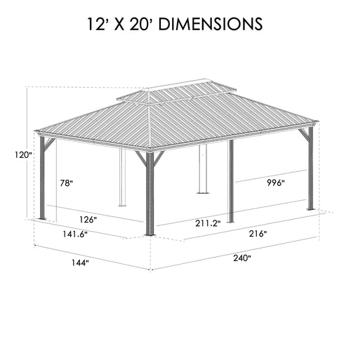 Kozyard Alexander 12' X 20' Hardtop Gazebo, Aluminum Metal Gazebo with Galvanized Steel Double Roof Canopy, Curtain and Netting, Permanent Gazebo Pavilion for Patio, Backyard, Deck, Lawn Brown - KZAHG1220