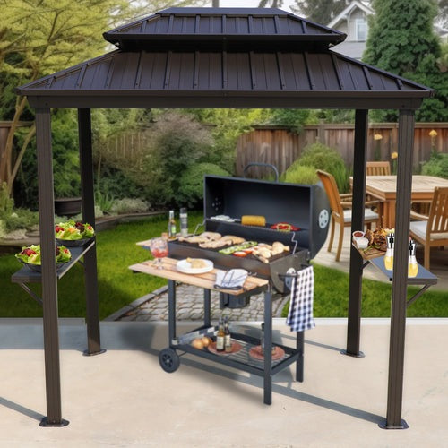 Kozyard 6’ x 8’ BBQ Hardtop Grill Gazebo, Outdoor Barbecue Gazebo with Double Galvanized Steel Roof, Aluminum BBQ Gazebo with 2 Side Shelves for Patio Lawn Garden - KZBBQ68GY