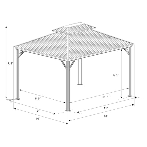 Kozyard Hardtop Gazebo - Permanent Metal Pavilion with Netting and Shaded Curtains for Patio, Backyard, and Deck - Galvanized Steel Outdoor Aluminum Canopy, Double Roof Gazebo - KZCHG1010GY