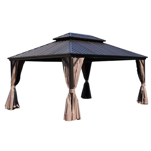 Kozyard Hardtop Gazebo - Permanent Metal Pavilion with Netting and Shaded Curtains for Patio, Backyard, and Deck - Galvanized Steel Outdoor Aluminum Canopy, Double Roof Gazebo - KZCHG1010GY