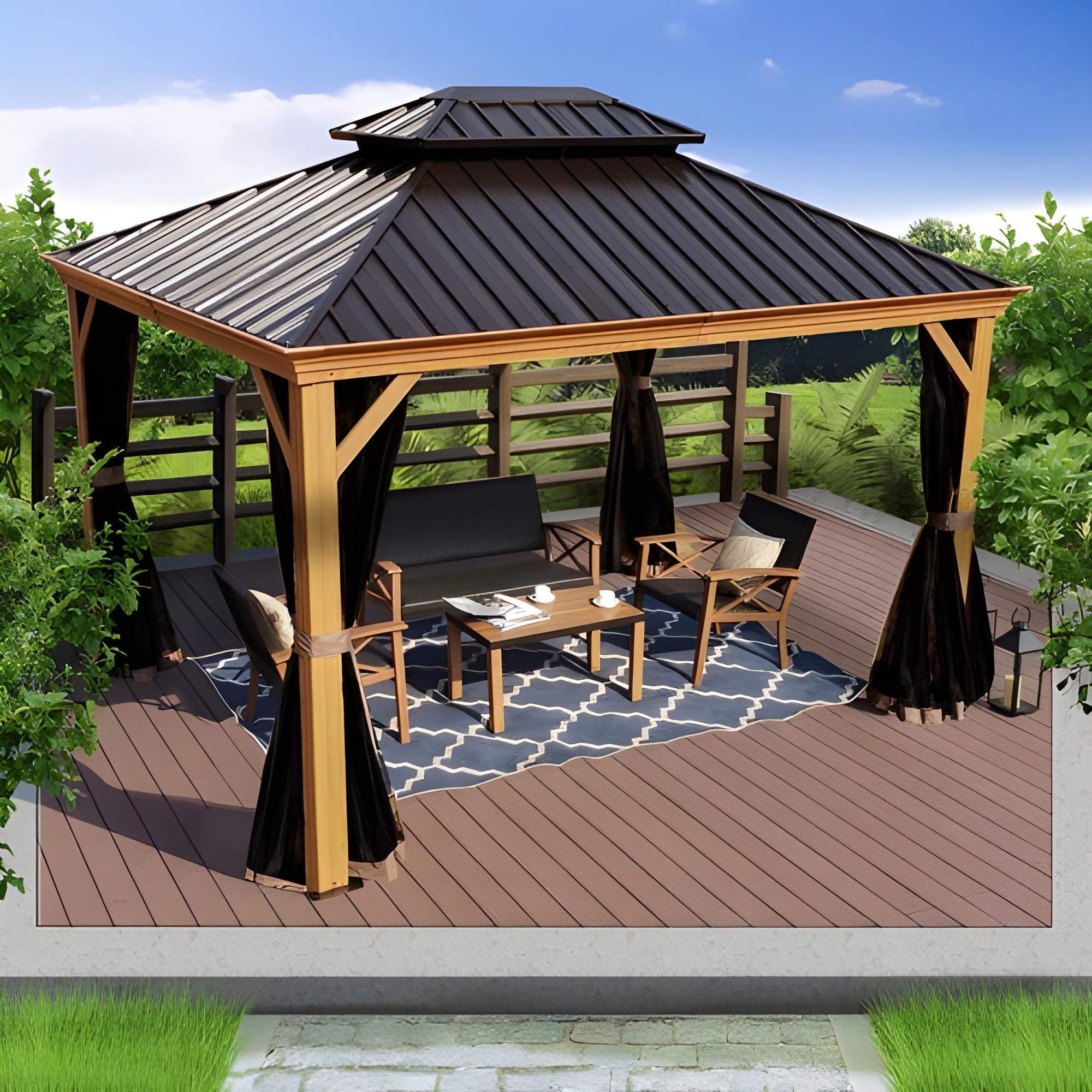 Kozyard Apollo 10’x12’ Hardtop Gazebo, Wooden Coated Aluminum Frame Canopy with Galvanized Steel Double Roof, Outdoor Permanent Metal Pavilion with Netting for Patio, Deck and Lawn - KZPHG1012