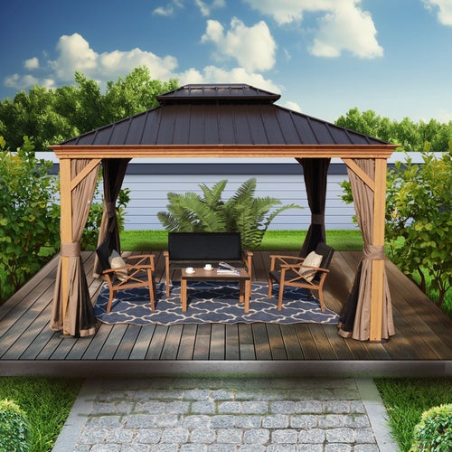 Kozyard Apollo 10’x12’ Hardtop Gazebo, Wooden Coated Aluminum Frame Canopy with Galvanized Steel Double Roof, Outdoor Permanent Metal Pavilion with Netting for Patio, Deck and Lawn - KZPHG1012