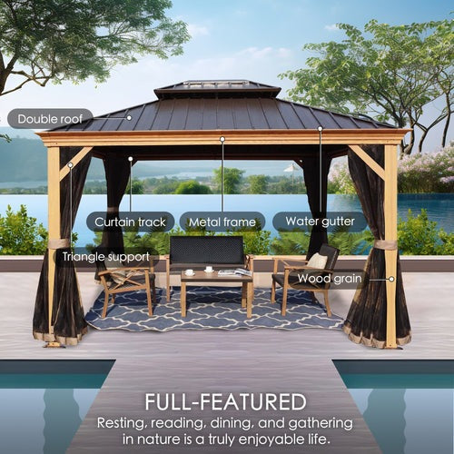 Kozyard Apollo 10’x12’ Hardtop Gazebo, Wooden Coated Aluminum Frame Canopy with Galvanized Steel Double Roof, Outdoor Permanent Metal Pavilion with Netting for Patio, Deck and Lawn - KZPHG1012