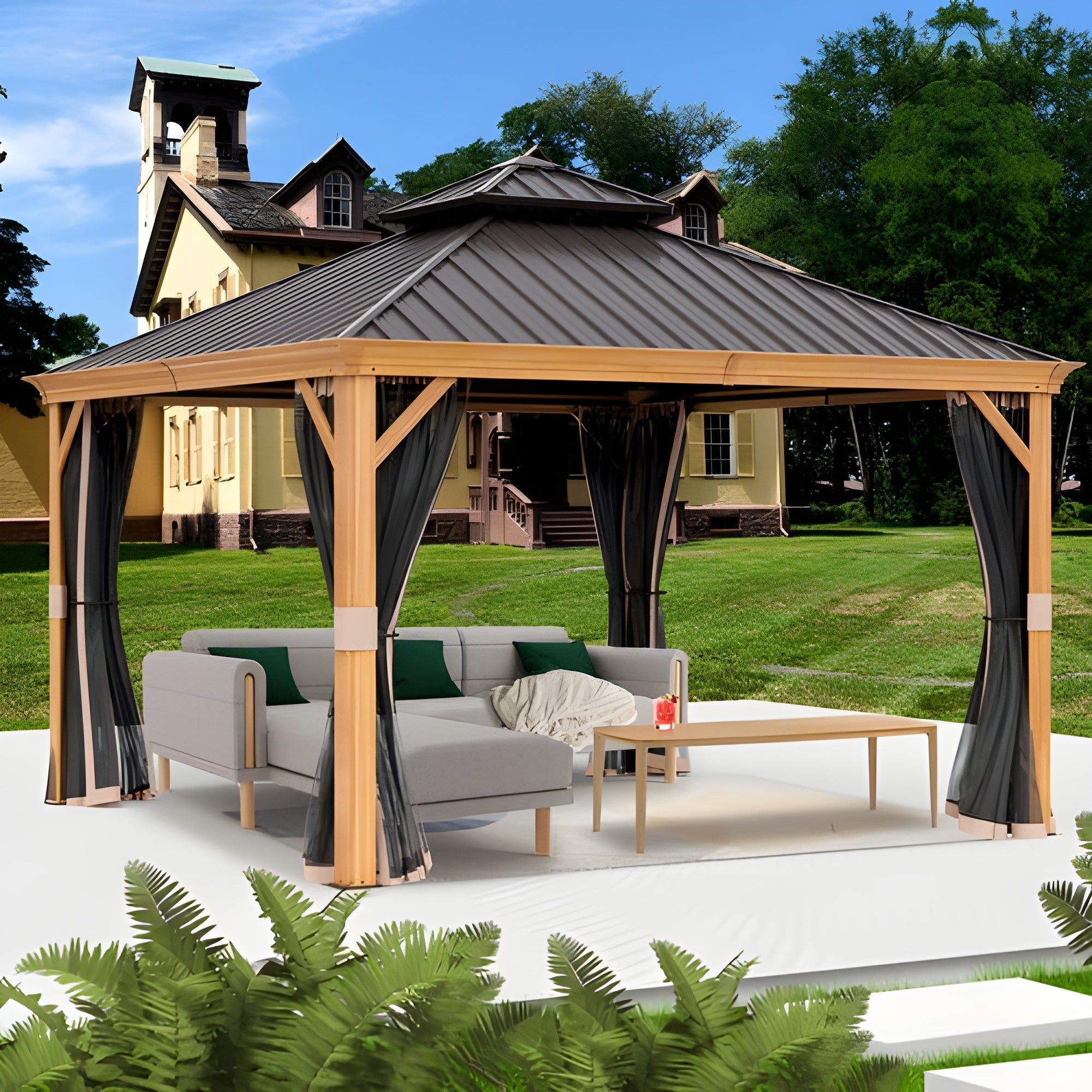 Kozyard Apollo 12’x12’ Hardtop Gazebo, Wooden Coated Aluminum Frame Canopy with Galvanized Steel Double Roof, Outdoor Permanent Metal Pavilion with Netting for Patio, Deck and Lawn (12ft x 12ft) - KZPHG1212