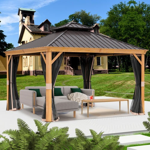 Kozyard Apollo 12’x12’ Hardtop Gazebo, Wooden Coated Aluminum Frame Canopy with Galvanized Steel Double Roof, Outdoor Permanent Metal Pavilion with Netting for Patio, Deck and Lawn 12ft x 12ft - KZPHG1212