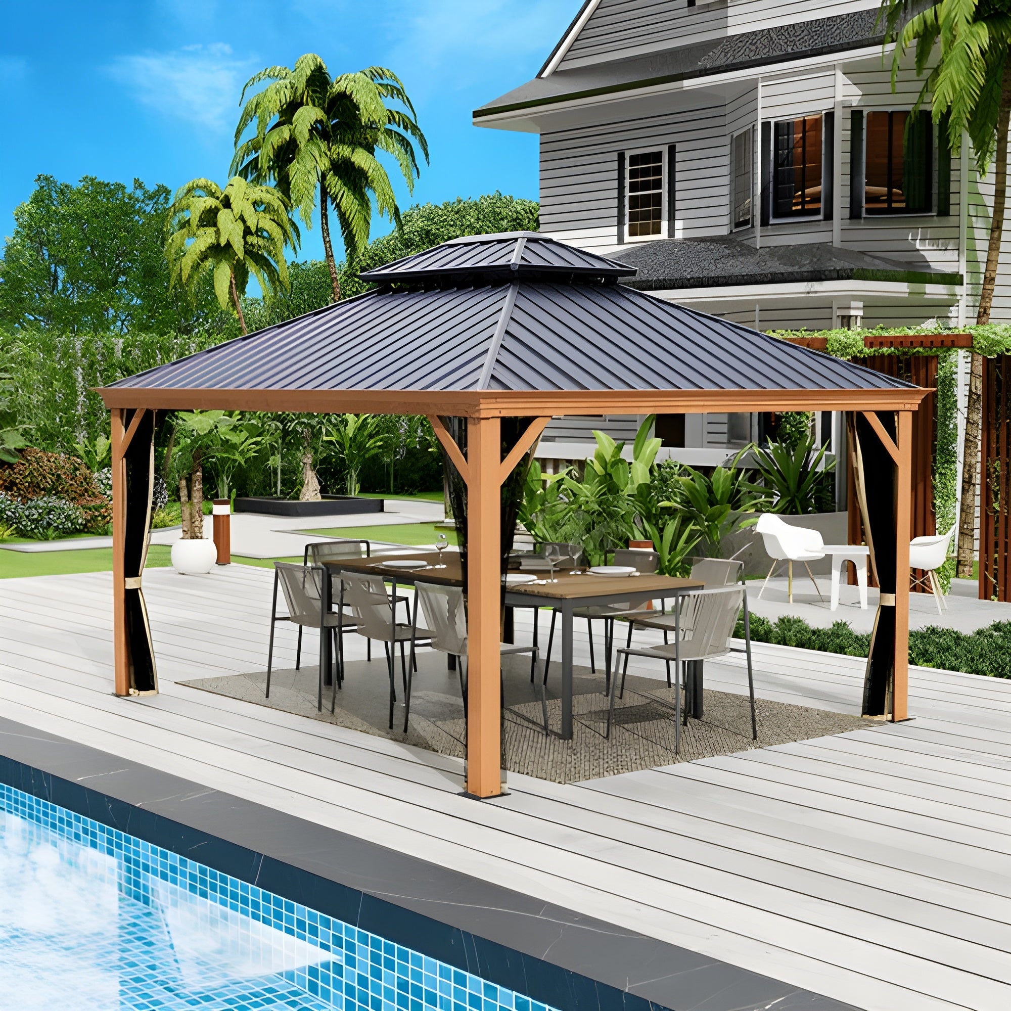 Kozyard Apollo 12’x14’ Hardtop Gazebo, Wooden Coated Aluminum Frame Canopy with Galvanized Steel Double Roof, Outdoor Permanent Metal Pavilion with Netting for Patio, Deck and Lawn (12ft x 14ft) - KZPHG1214