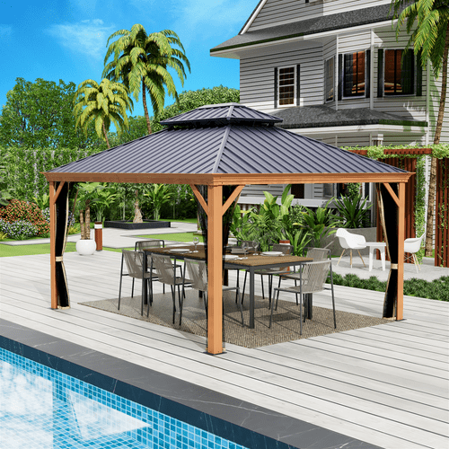 Kozyard Apollo 12’x14’ Hardtop Gazebo, Wooden Coated Aluminum Frame Canopy with Galvanized Steel Double Roof, Outdoor Permanent Metal Pavilion with Netting for Patio, Deck and Lawn 12ft x 14ft - KZPHG1214