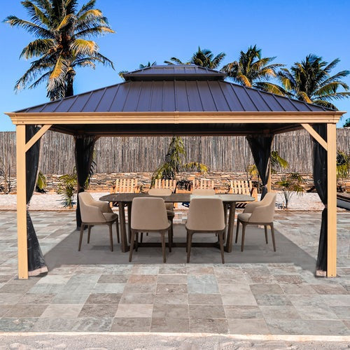 Kozyard Apollo 12’x14’ Hardtop Gazebo, Wooden Coated Aluminum Frame Canopy with Galvanized Steel Double Roof, Outdoor Permanent Metal Pavilion with Netting for Patio, Deck and Lawn 12ft x 14ft - KZPHG1214