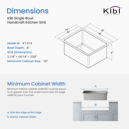 Kibi 14" x 18" x 8" Handcrafted Undermount Single Bowl Kitchen Sink With Satin Finish - K1-S14