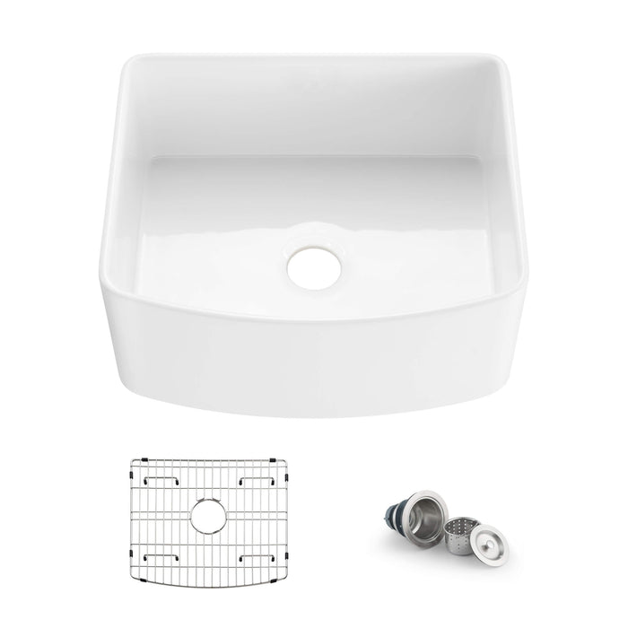 Kibi 24" x 20" x 10" Pure Series Undermount Single Bowl Fireclay Curved Apron Kitchen Sink In Glossy White - K2-SF24C