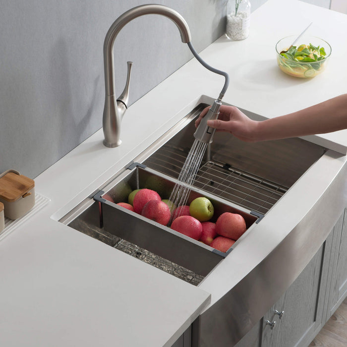 Kibi 27" x 22" x 10" Single Bowl Farmhouse Apron Workstation Sink In Satin Finish - K1-SF27T