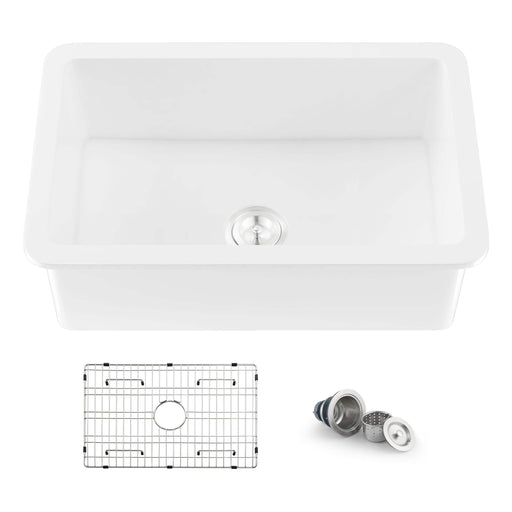 Kibi 30" x 18" x 10" Landis Series Undermounted Single Bowl Fireclay Kitchen Sink In Glossy White Finish - K2-S30