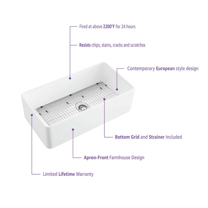 Kibi 30" x 18" x 10" Pure Series Undermount Single Bowl Fireclay Kitchen Sink In Glossy White - K2-SF30