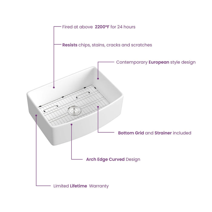 Kibi 30" x 20" x 10" Pure Series Glossy White Single Bowl Fireclay Farmhouse Sink With Curved Apron Front - K2-SF30C