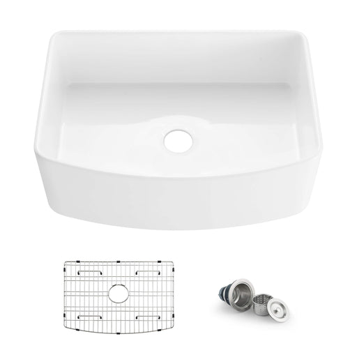 Kibi 30" x 20" x 10" Pure Series Glossy White Single Bowl Fireclay Farmhouse Sink With Curved Apron Front - K2-SF30C