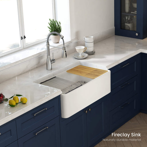 Kibi 30" x 20" x 10" Pure Series Single Bowl Fireclay Farmhouse Kitchen Sink In Glossy White - K2-SF30T