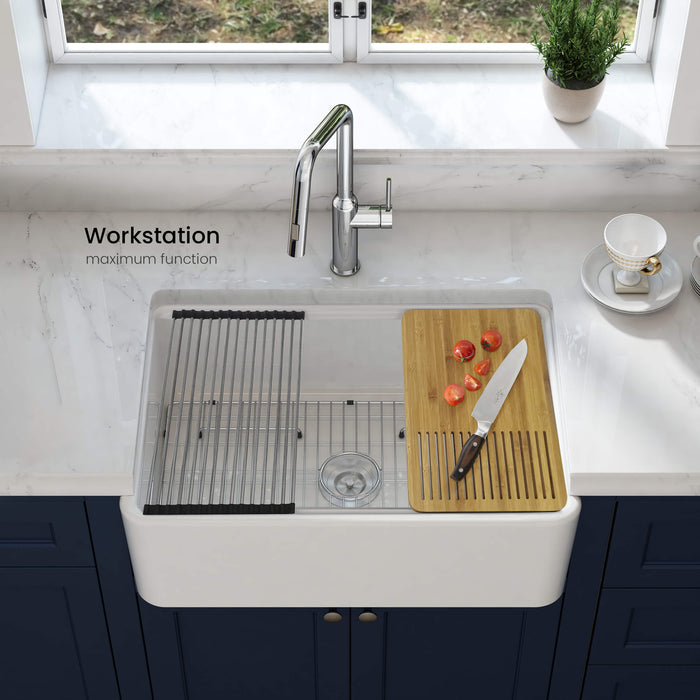 Kibi 30" x 20" x 10" Pure Series Single Bowl Fireclay Farmhouse Kitchen Sink In Glossy White - K2-SF30T