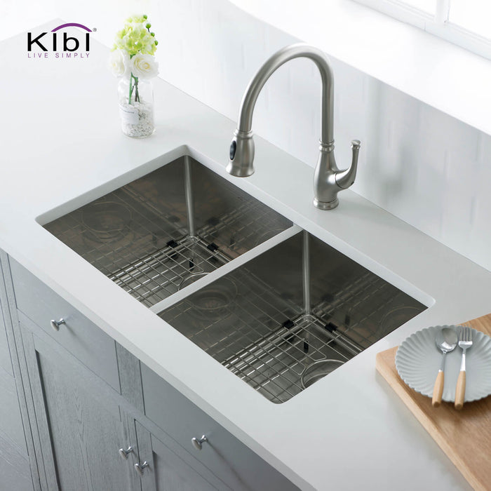 Kibi 32 3/4" x 19" x 10" Handcrafted Undermount Double Bowl Kitchen Sink With Satin Finish - K1-D33-EQ