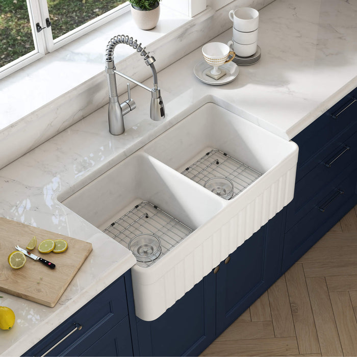 Kibi 33″ Pillar Series Undermount Double Bowl Fireclay Farmhouse Sink In Glossy White Finish - K2-DF33PI