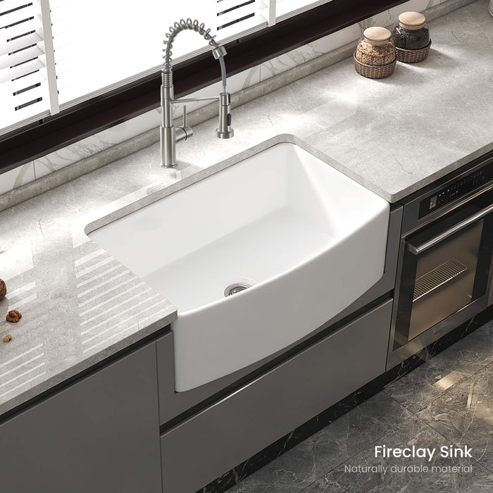 Kibi 33" x 20" x 10" Pure Series Glossy White Single Bowl Fireclay Farmhouse Sink With Curved Apron Front - K2-SF33C