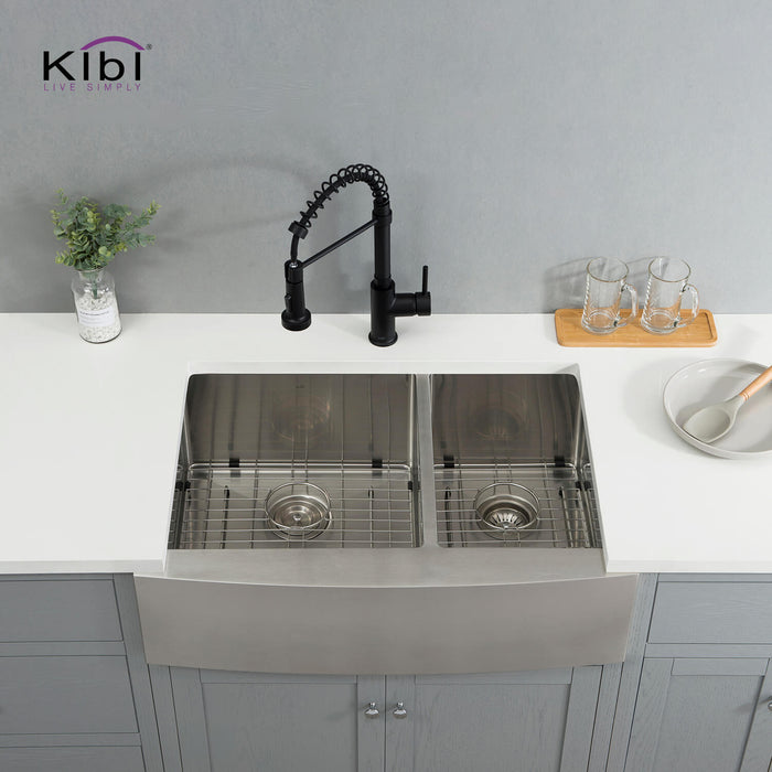 Kibi 33" x 22" x 10" Handcrafted Double Bowl Farmhouse Apron Kitchen Sink With Satin Finish - K1-DF33