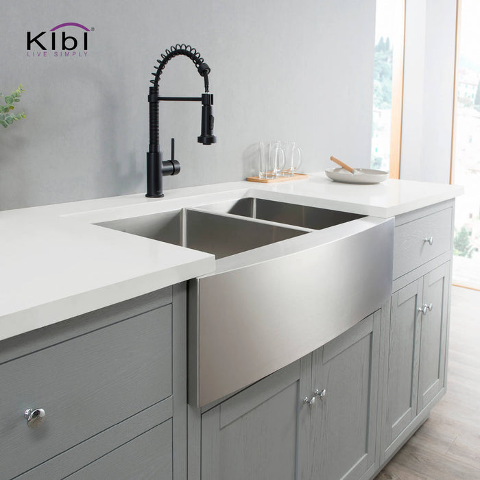 Kibi 33" x 22" x 10" Handcrafted Double Bowl Farmhouse Apron Kitchen Sink With Satin Finish - K1-DF33