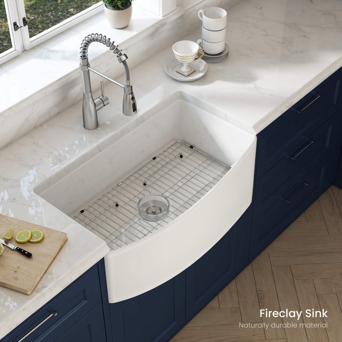 Kibi 36" x 20" x 10" Pure Series Glossy White Single Bowl Fireclay Farmhouse Sink With Curved Apron Front - K2-SF36C