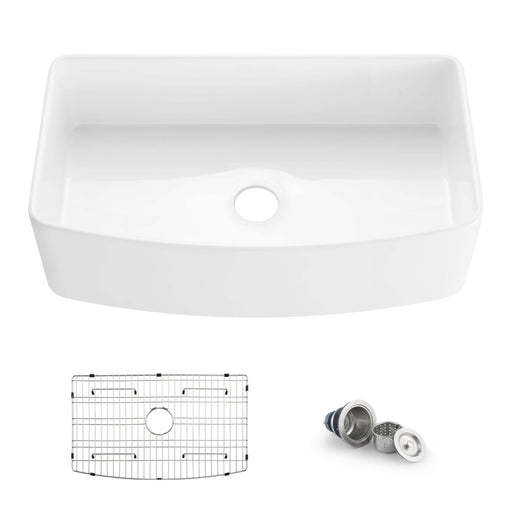 Kibi 36" x 20" x 10" Pure Series Glossy White Single Bowl Fireclay Farmhouse Sink With Curved Apron Front - K2-SF36C