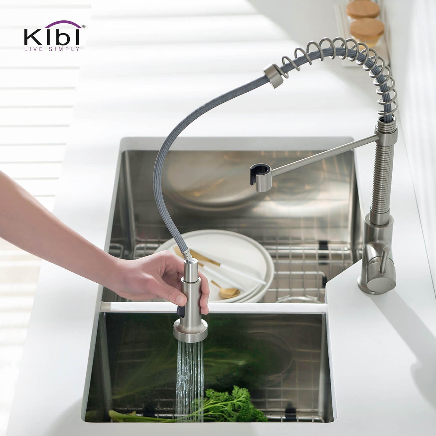 Kibi Aurora Single Handle High Arc Pull Down Kitchen Faucet In Brushed Nickel Finish - KKF2003BN