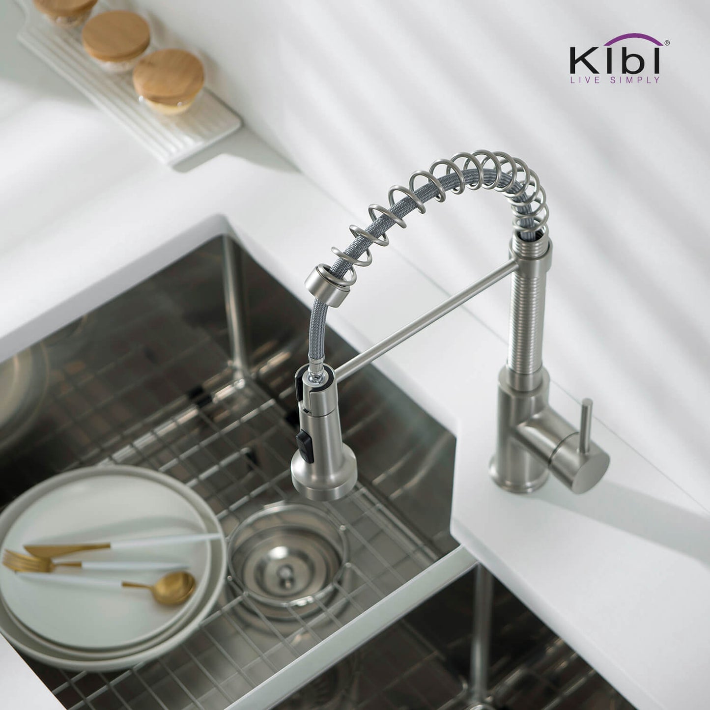 Kibi Aurora Single Handle High Arc Pull Down Kitchen Faucet In Brushed Nickel Finish - KKF2003BN