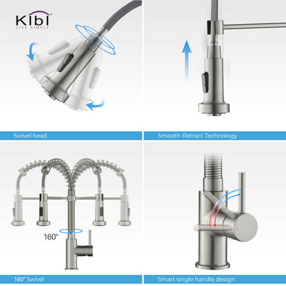 Kibi Aurora Single Handle High Arc Pull Down Kitchen Faucet In Brushed Nickel Finish - KKF2003BN