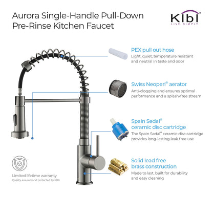 Kibi Aurora Single Handle High Arc Pull Down Kitchen Faucet In Titanium Finish - KKF2003TT
