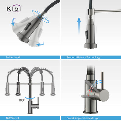 Kibi Aurora Single Handle High Arc Pull Down Kitchen Faucet In Titanium Finish - KKF2003TT