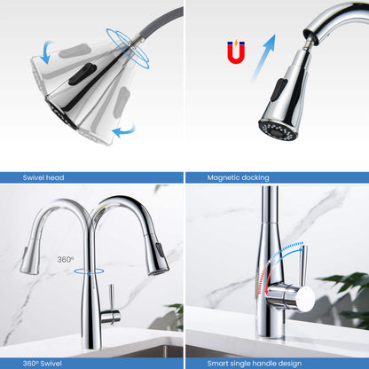 Kibi Bari Single Handle Pull Down Kitchen Bar Sink Faucet With Soap Dispenser in Chrome Finish - C-KKF2015CH-KSD100CH
