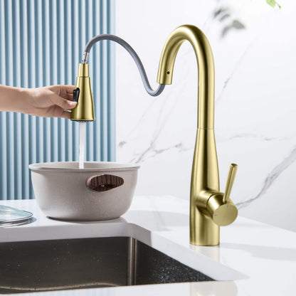 Kibi Bari Single Handle Pull Down Kitchen and Bar Sink Faucet With Soap Dispenser in Brushed Gold Finish - C-KKF2015BG-KSD100BG