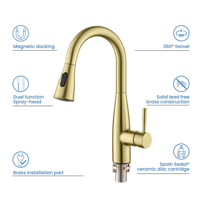 Kibi Bari Single Handle Pull Down Kitchen and Bar Sink Faucet With Soap Dispenser in Brushed Gold Finish -C-KKF2015BG-KSD100BG