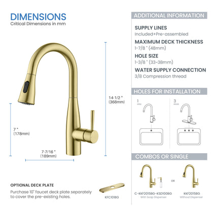 Kibi Bari Single Handle Pull Down Kitchen and Bar Sink Faucet in Brushed Gold Finish - KKF2015BG